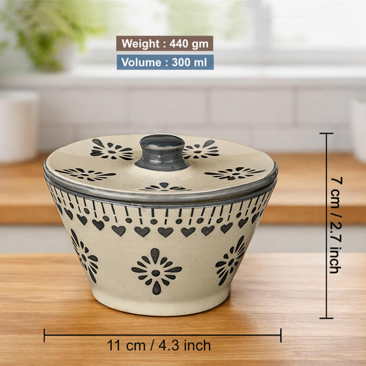 Floral Printed Ceramic Snack Bowls with Lid (Set of 2, 300 ml Each, Off White & Grey)