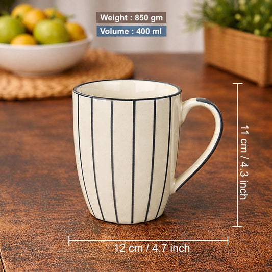 Hand-Painted Ceramic Jumbo Coffee Mugs (400 ml, White & Grey Lines, Set of 2)