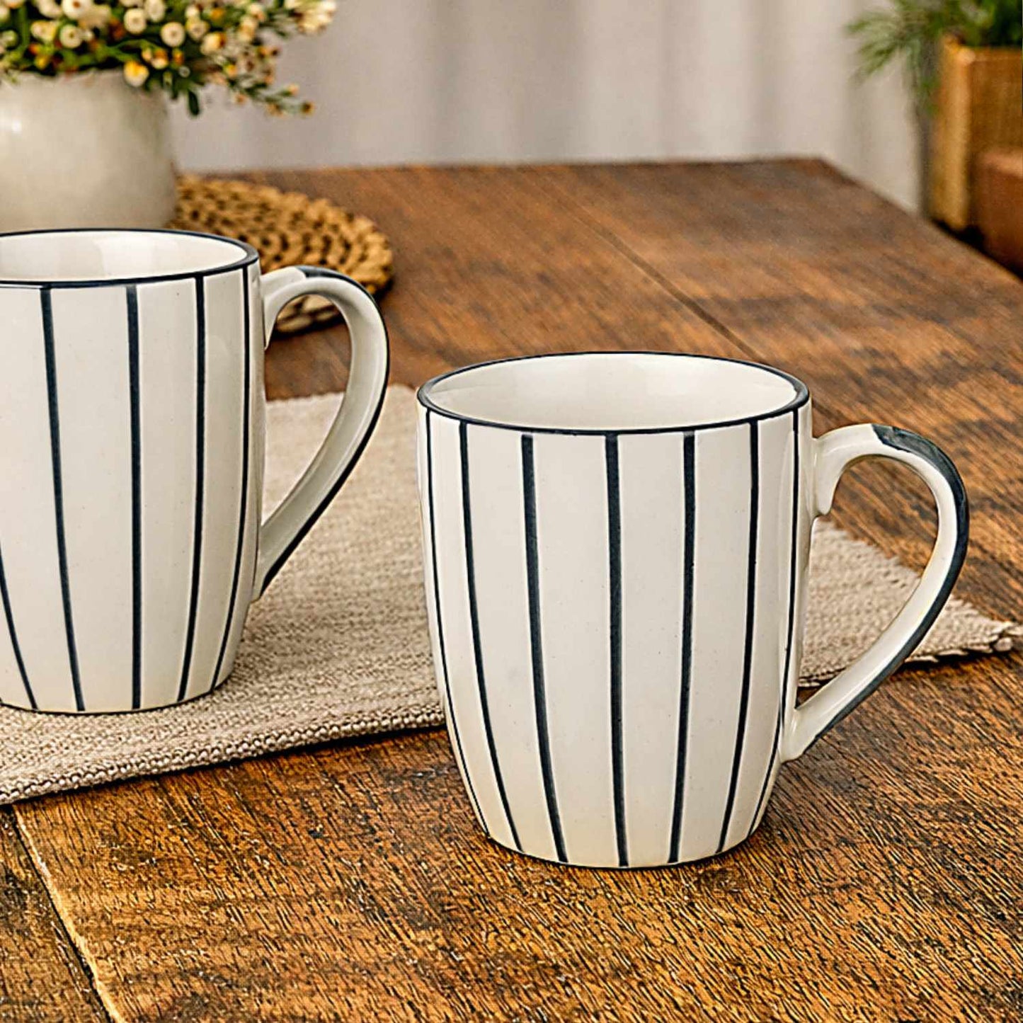 Hand-Painted Ceramic Jumbo Coffee Mugs (400 ml, White & Grey Lines, Set of 2)
