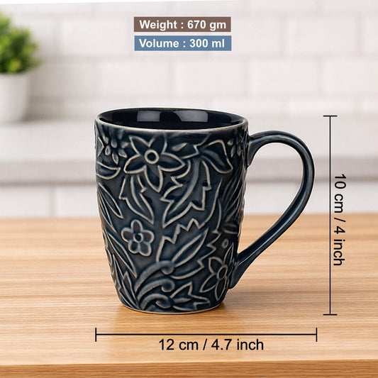 Studio Pottery Embossed Floral Ceramic Coffee Mugs (300 ml, Grey, Set of 2)
