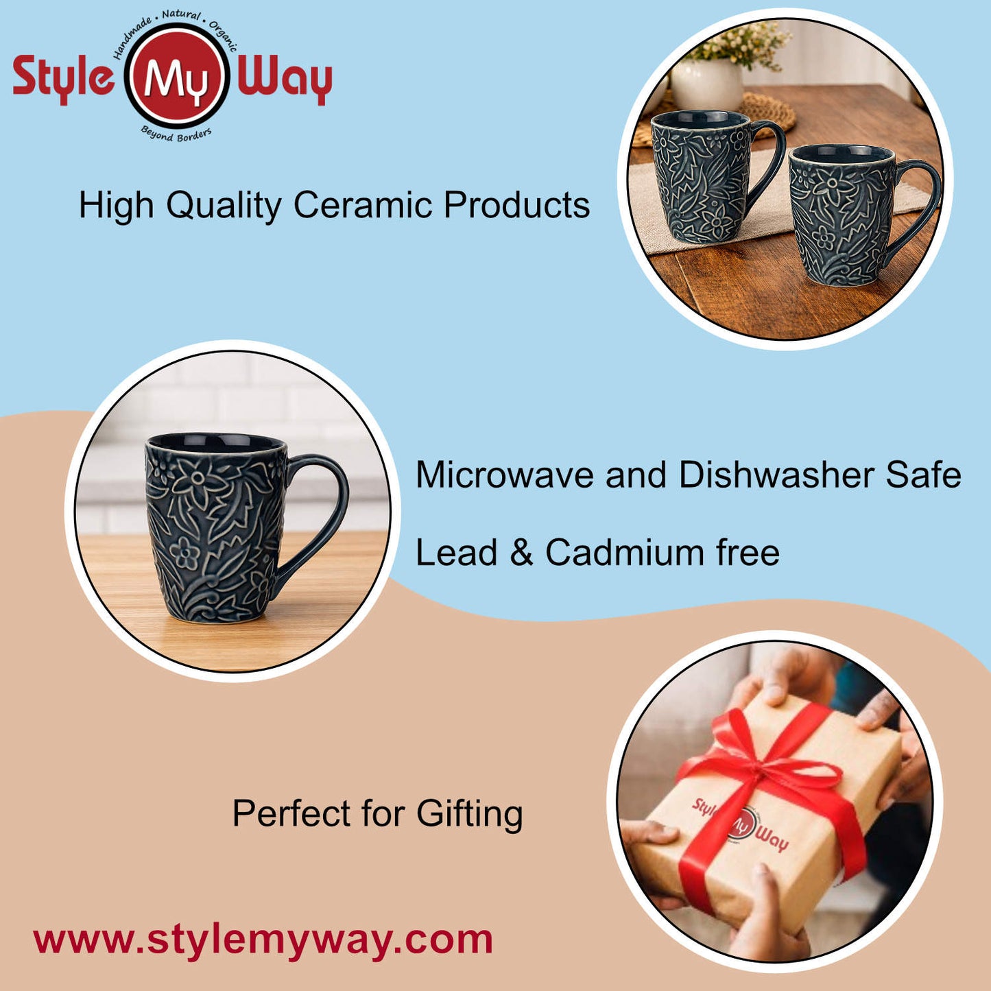 Studio Pottery Embossed Floral Ceramic Coffee Mugs (300 ml, Grey, Set of 2)