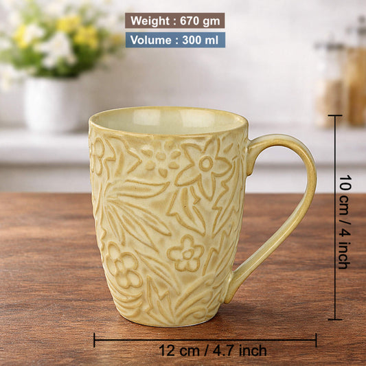 Studio Pottery Embossed Floral Ceramic Coffee Mugs (300 ml, Cream, Set of 2)