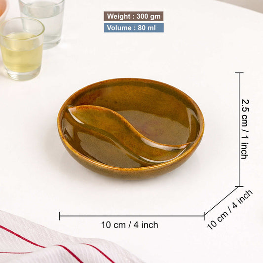 Studio Pottery Ceramic Partition Dip Bowls (Set of 2, 80 ml Each, Rustic Olive Brown)