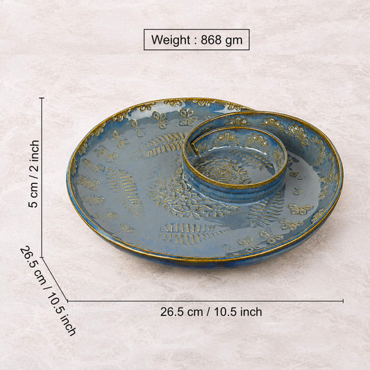 Luxurious Hand Embossed Ceramic Chip and Dip Platter with Fixed Dip Bowl (Dove Blue, 10.5 inches, 868 gm)