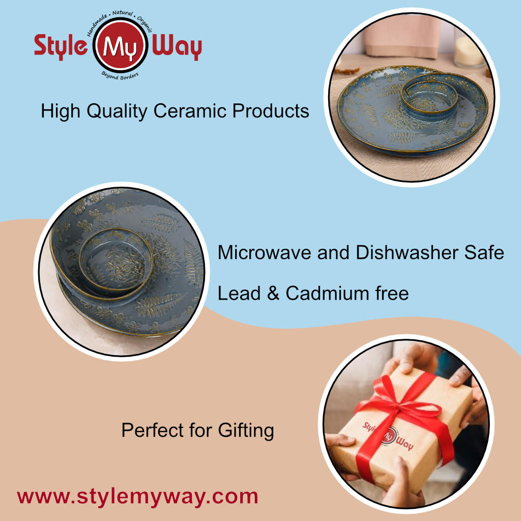 Luxurious Hand Embossed Ceramic Chip and Dip Platter with Fixed Dip Bowl (Dove Blue, 10.5 inches, 868 gm)