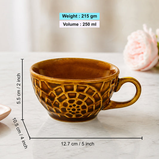 Ceramic Mosaic Textured Cappuccino Coffee Cups (Set of 2, 250 ml Each, Amber Brown Reactive Glaze)