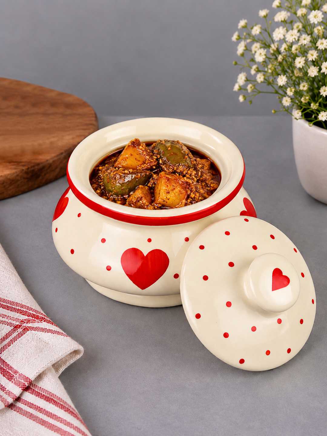 Ceramic Heart Design Handi with Lid - Red - White - 750 ml