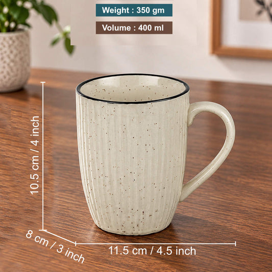 Ribbed Speckled Design with Contrasting Rim Ceramic Coffee Mugs (400 ml, Off White , Set of 2)