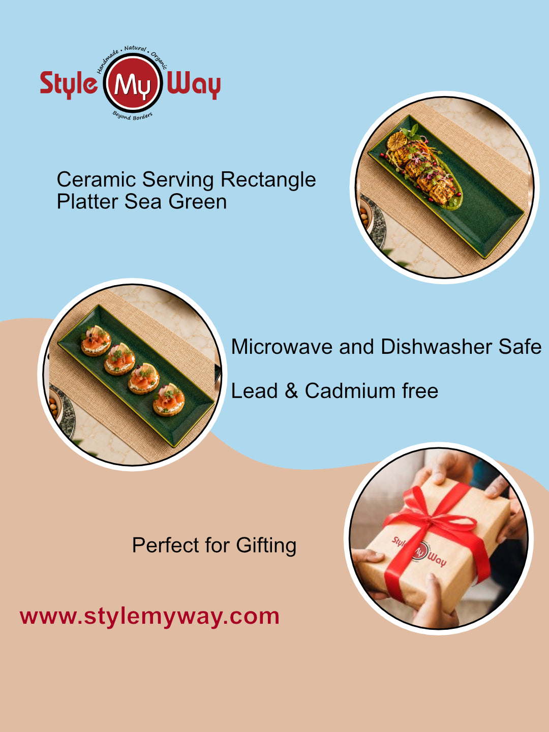 Ceramic Rectangular Serving Tray (Green, L x B – 32 x 10 cm)