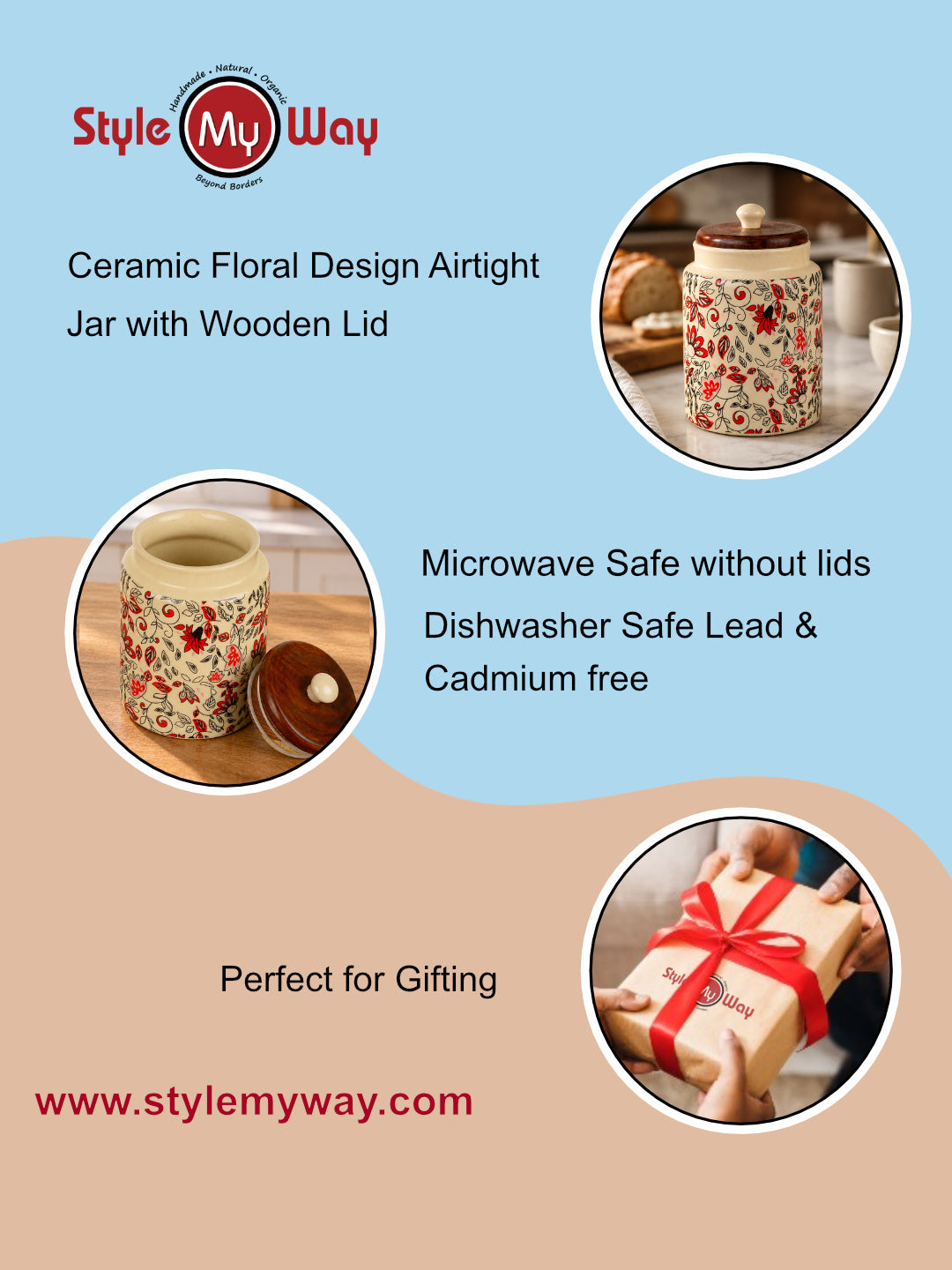 “Heritage Botanica Collection” Multi Utility Ceramic Airtight Jar with Sheesham Wooden Lid (1000 ml)