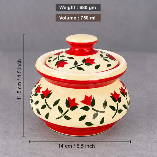 "Red Floral Motif "Ceramic Serving Handi with Lid (Set of2, 750 ml, Ivory, Red, Green)