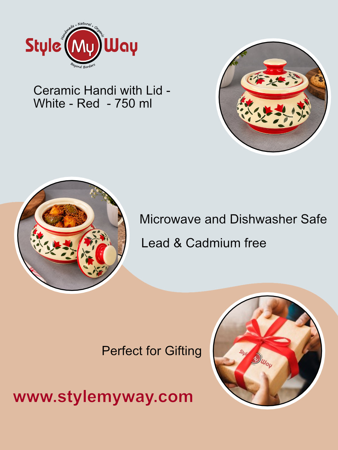 "Red Floral Motif "Ceramic Serving Handi with Lid (Set of2, 750 ml, Ivory, Red, Green)