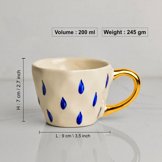 Premium Handmade Blue Rain Drops Ceramic Coffee Mugs with Golden Handle (200 ml, White & Blue, Set of 2) - View 2