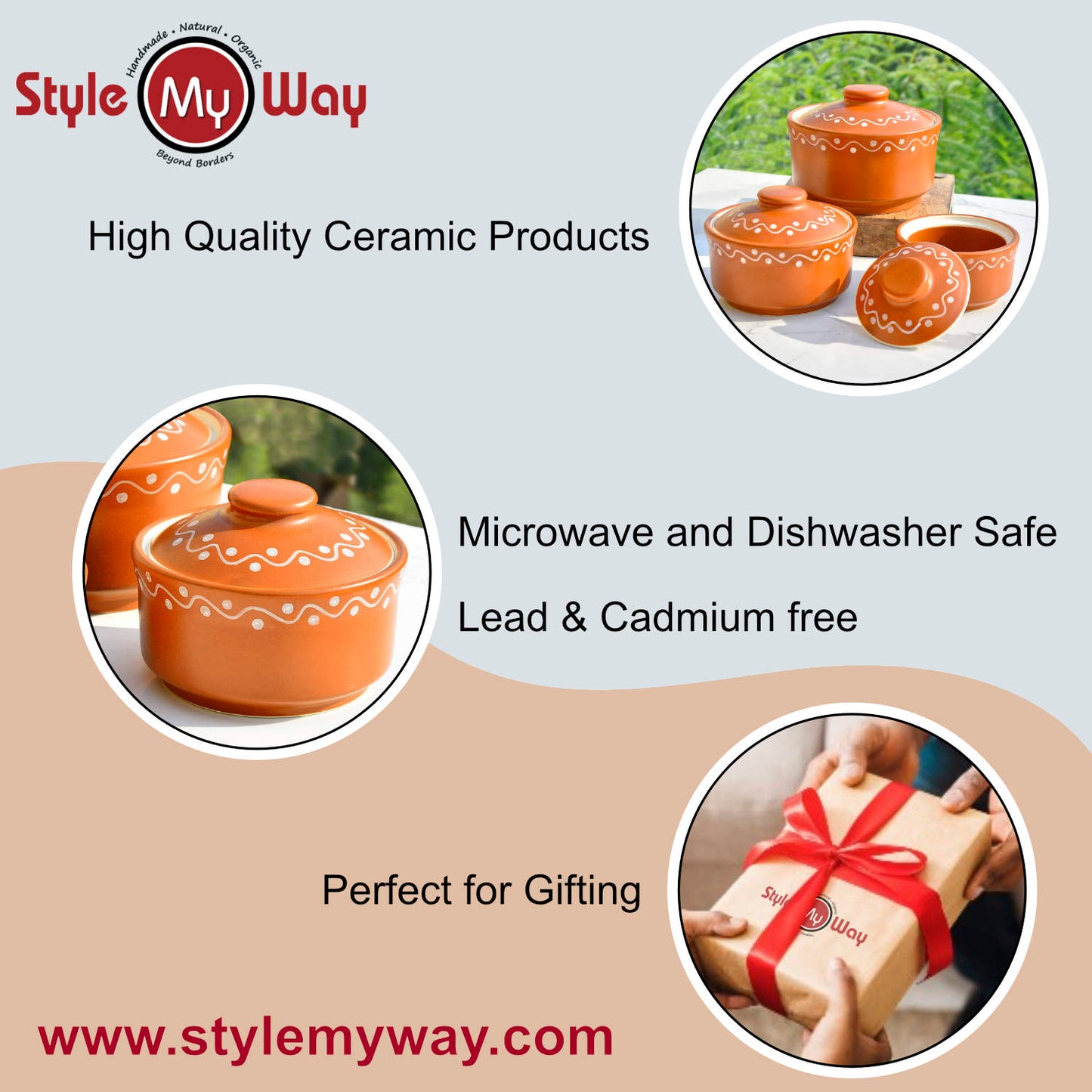 Studio Pottery Handpainted Ceramic Serving Donga with Lid Casserole Set (Set of 3, Terracotta Brown) - View 6