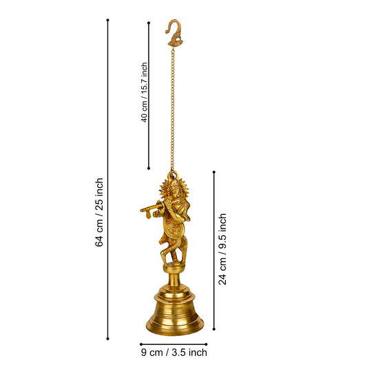 StyleMyway Pure Brass Antique Hanging Temple Bell with Krishna Playing Flute (Set of 2, 3.6 x 3.6 x 9.6 inches, 2.2 kg, Chain-15 inches) - View 2