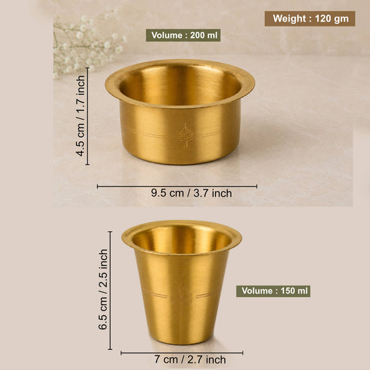 Traditional Brass Coffee Dabara (Davara) Set (Set of 4, 150 ml Cup and 200 ml Dabara, 480 gm)