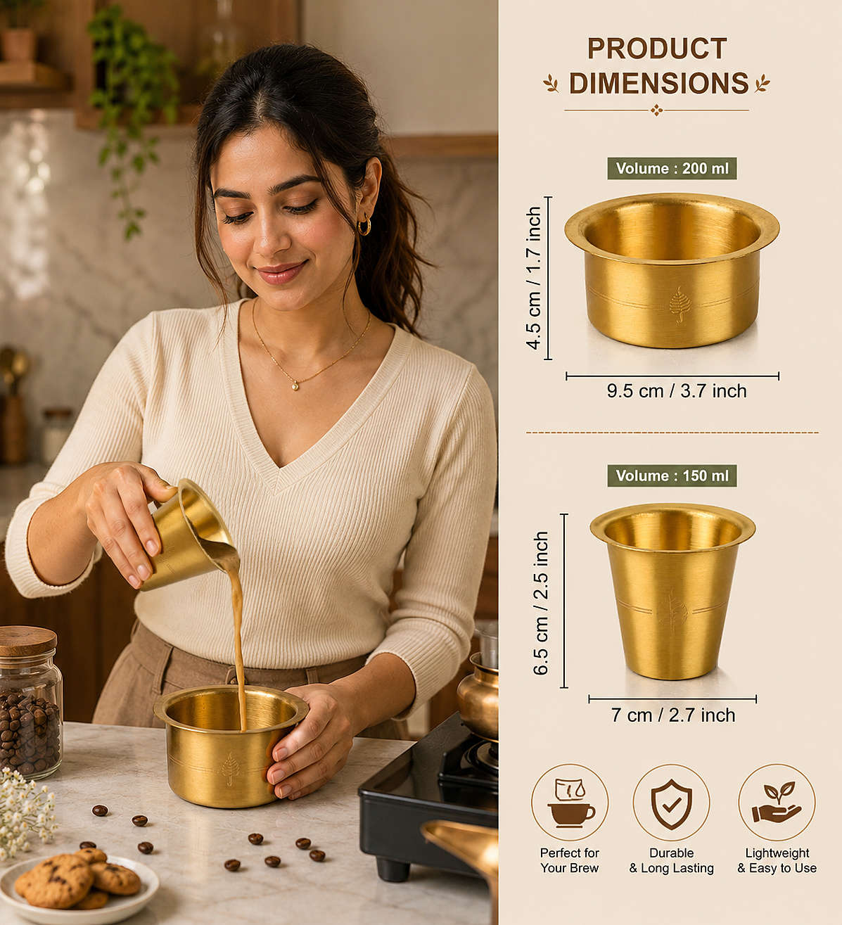 Traditional Brass Coffee Dabara (Davara) Set (Set of 6, 150 ml Cup and 200 ml Dabara, 720 gm)