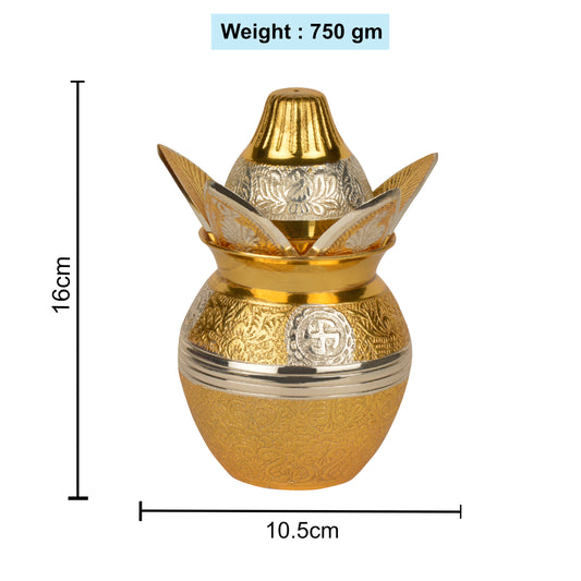 Handcrafted Premium Brass Mangal Kalash with Metalic Coconut and Leaves (Height - 16 cm, 750 gm) - View 2