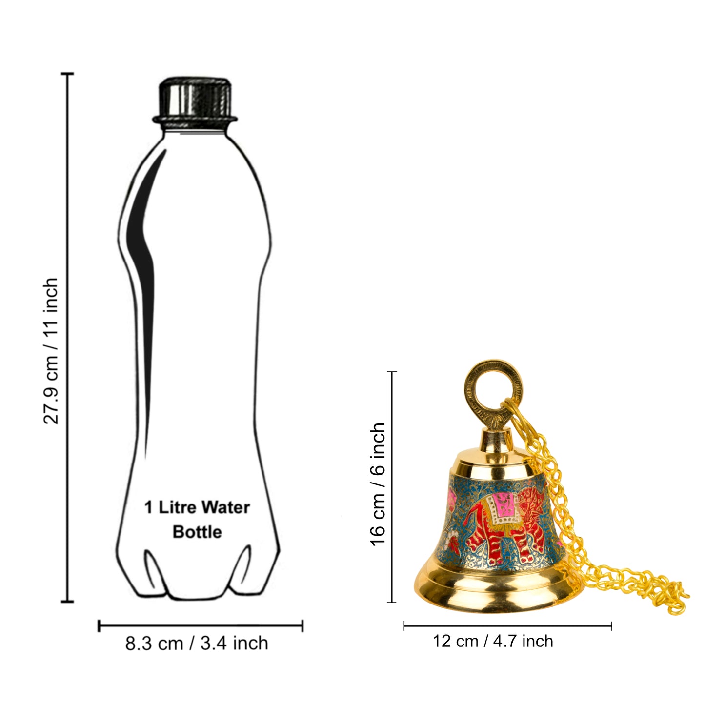 StyleMyway Pure Brass Hanging Temple Bell with Blue Elephant Engraving (Diameter - 12 cm, Height – 16 cm, 710 gm) - View 6