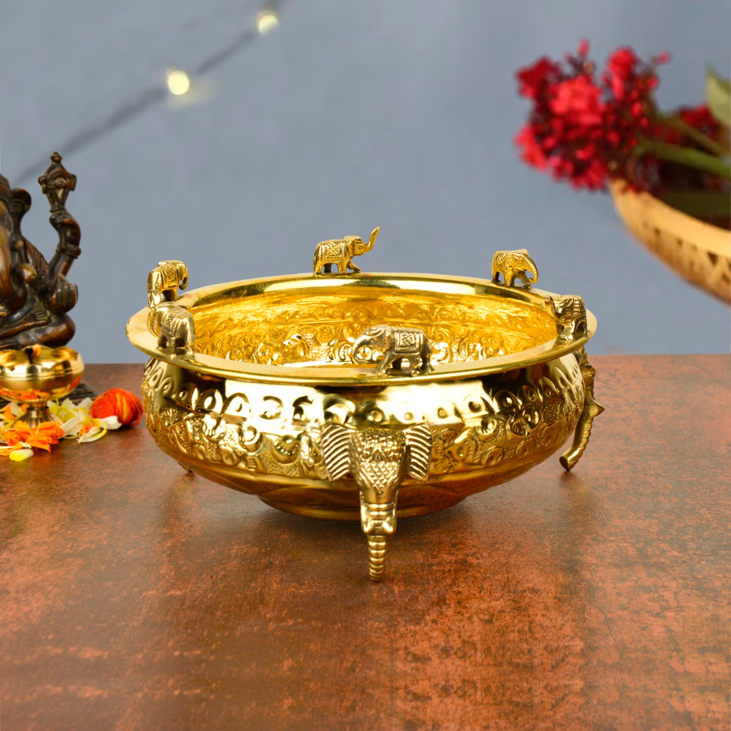 Handcrafted Elephant Design Decorative Brass Urli (Diameter – 20 cm, Weight – 750 gm) - View 5