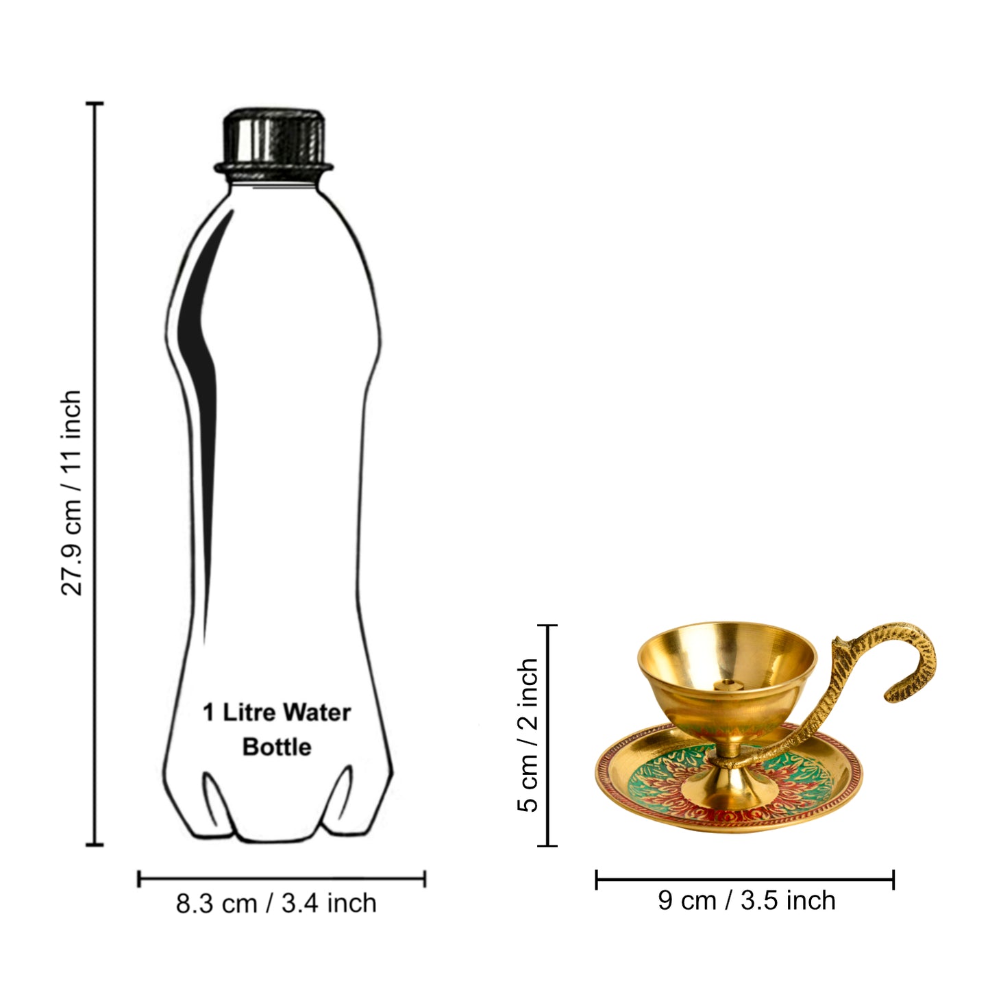 Brass Decorative Pooja Diya with Handle and Plate with Meenakari Art (L x B x H – 9 x 5 x 5 cm ; Weight – 100 gm) - View 6