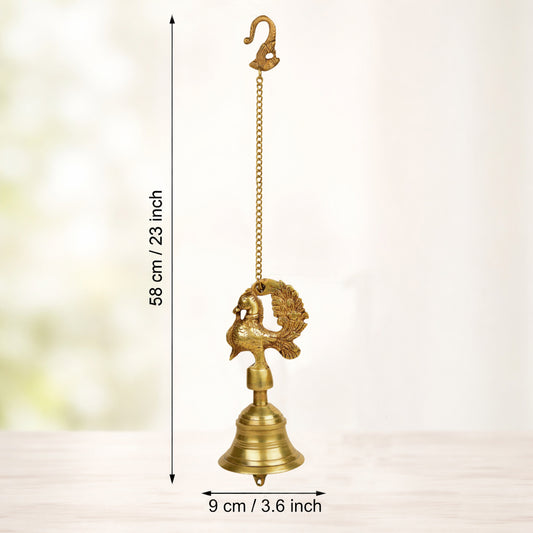 StyleMyway Pure Brass Antique Hanging Temple Bell with Peacock (3.6 x 3.6 x 8 inches, 1.1 kg, Chain-15 inches) - View 2