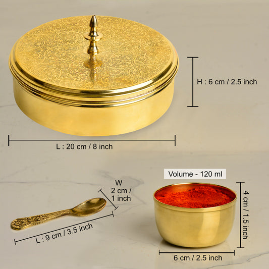 Premium Pure Brass Floral Etched Indian Spice Box for Kitchen with Spoon ( 7 Containers, 120 ml each, Golden Color, Diameter - 8 inches , Weight - 960 gm) - View 2