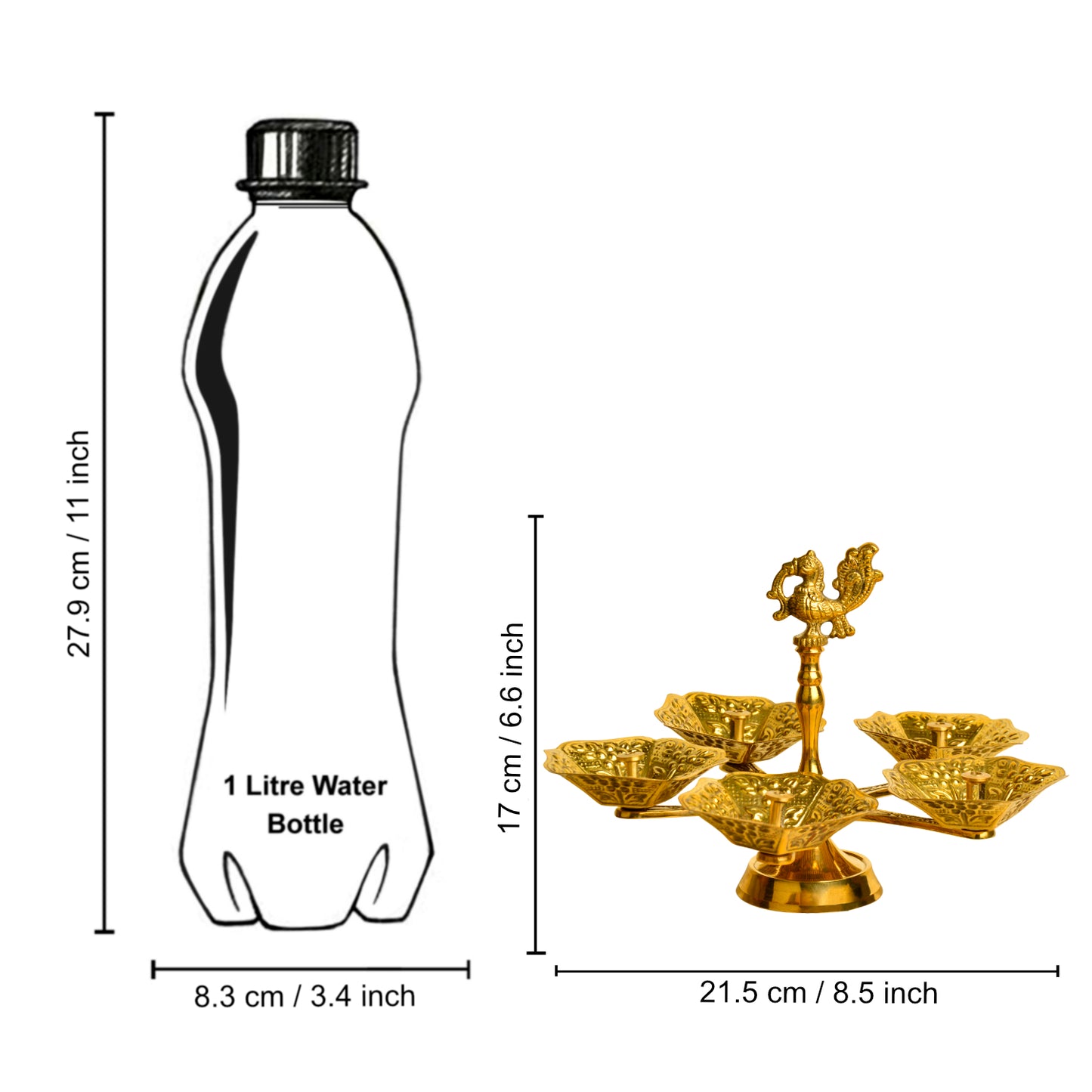 Pure Brass Premium Panch Mukhi Diya with Dancing Peacock (L x B x H - 21.5 x 21.5 x 17 cm, 395 gm) - View 6