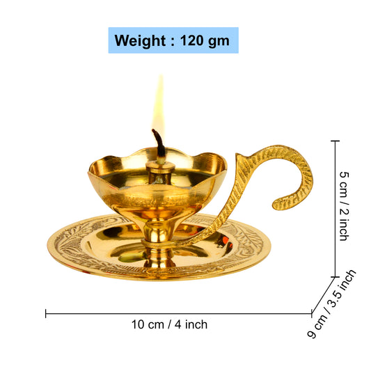 Brass Decorative Pooja Diya with Handle and Plate (L x B x H – 10 x 9 x 5 cm ; Weight – 120 gm) - View 2