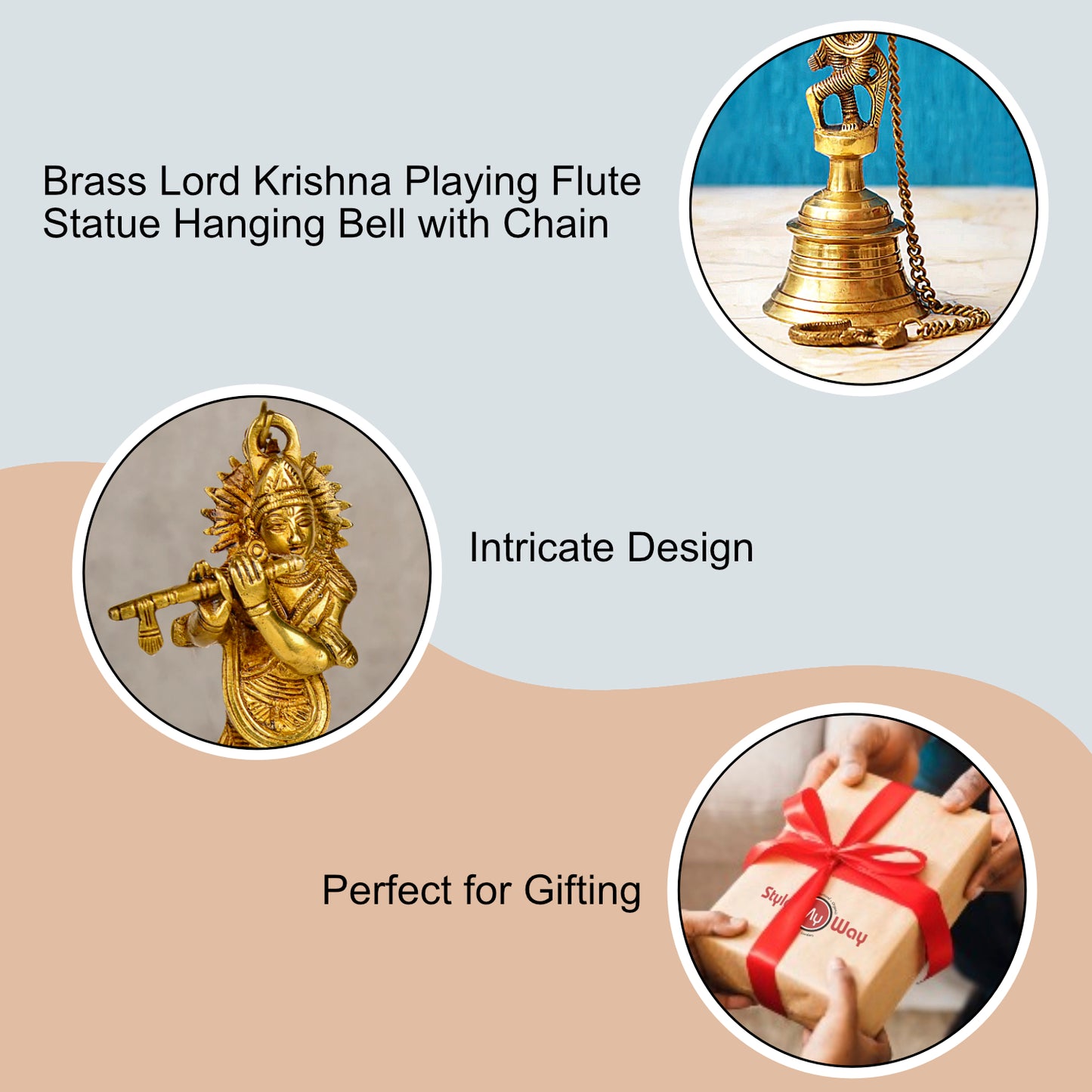 StyleMyway Pure Brass Antique Hanging Temple Bell with Krishna Playing Flute (3.6 x 3.6 x 9.6 inches, 1.1 kg, Chain-15 inches) - View 5