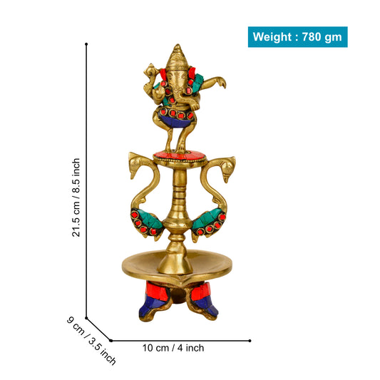 Premium Brass Dancing Ganesha Gemstone Work Pooja Aarti Diya (8.8 inches, 780 gm) - View 2