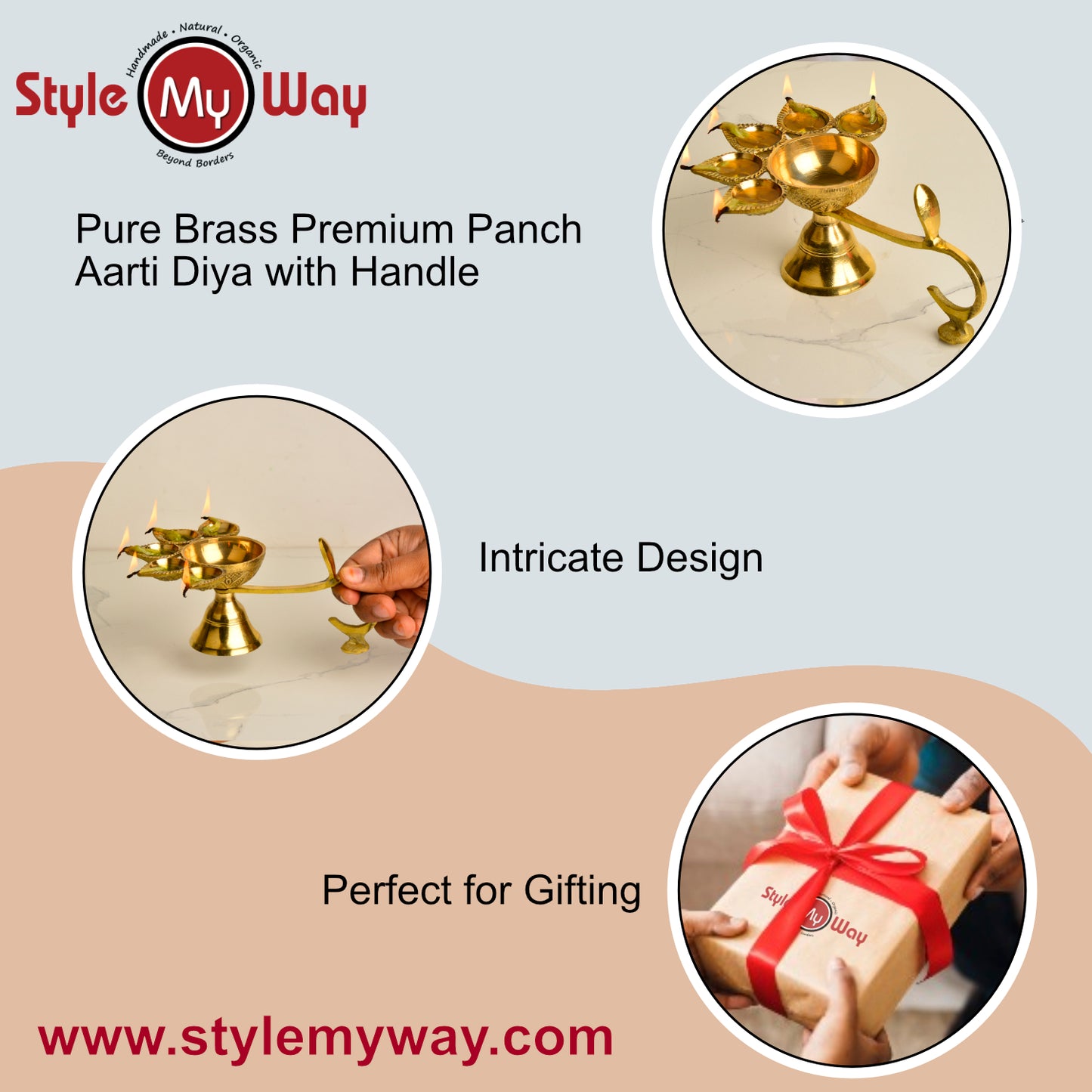 Pure Brass Premium Panch Aarti Diya with Handle (L x B x H - 18 x 13 x 7 cm, 350 gm) - View 5