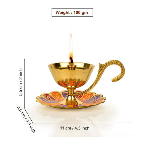 Brass Decorative Pooja Diya with Handle and Plate with Meenakari Art (L x B x H – 11 x 8.5 x 5.5 cm ; Weight – 100 gm) - View 2