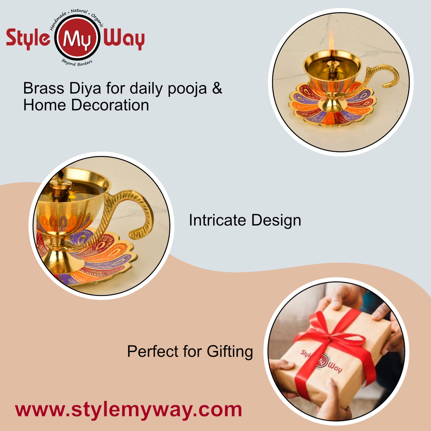 Brass Decorative Pooja Diya with Handle and Plate with Meenakari Art (L x B x H – 11 x 8.5 x 5.5 cm ; Weight – 100 gm) - View 5