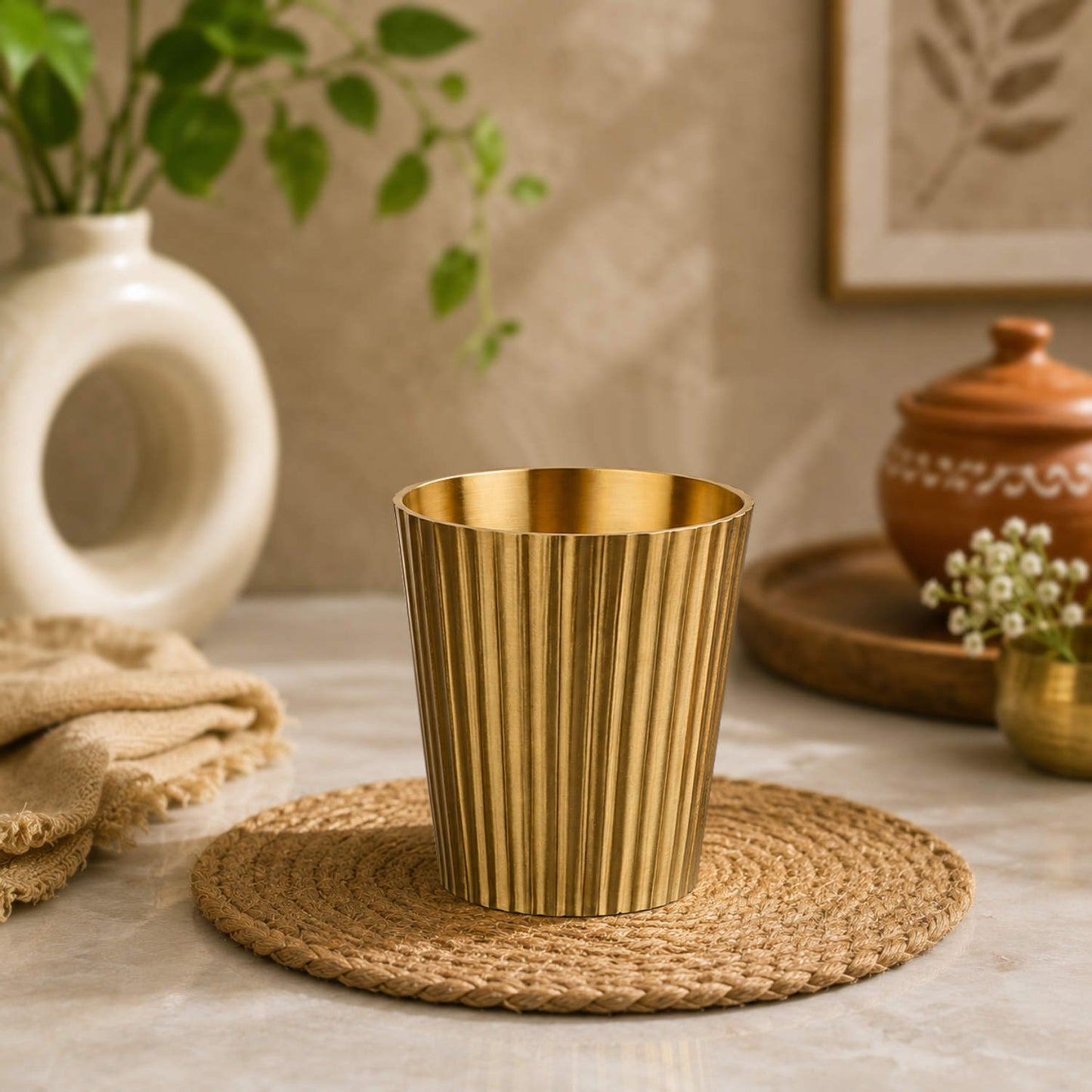 Pure Brass Line Matt Finish Heavy Drinking Glass (250 ml, 280 gm, Golden Color)