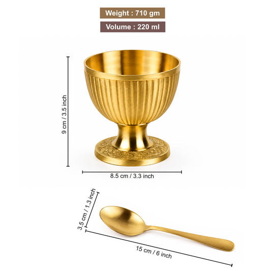 Pure Brass Lined Matt Finish Ice Cream Cup with Spoon Set (Set of 2, 220 ml Each, 355 gm Each)