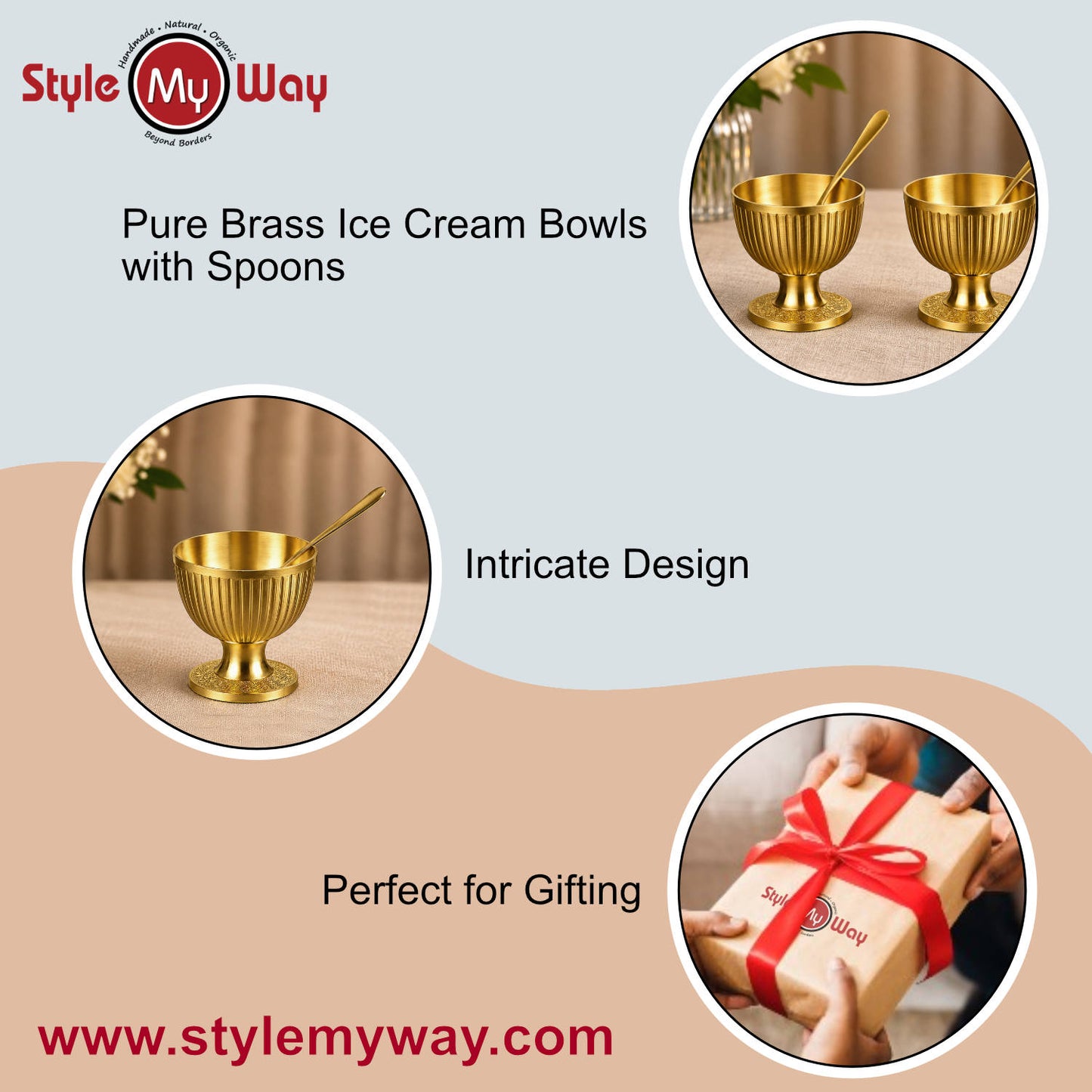Pure Brass Lined Matt Finish Ice Cream Cup with Spoon Set (Set of 2, 220 ml Each, 355 gm Each)