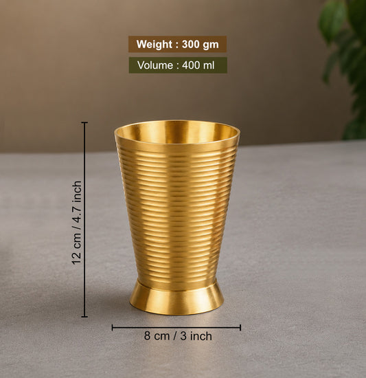 Pure Brass Ribbed Matt Finish Heavy Drinking Glass (400 ml, 300 gm, Golden Color)