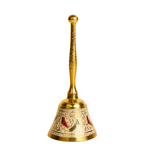 Brass Pooja Minakari Work Bell with Handle (Diameter - 6 cm, Height - 15 cm, 165 gm)
