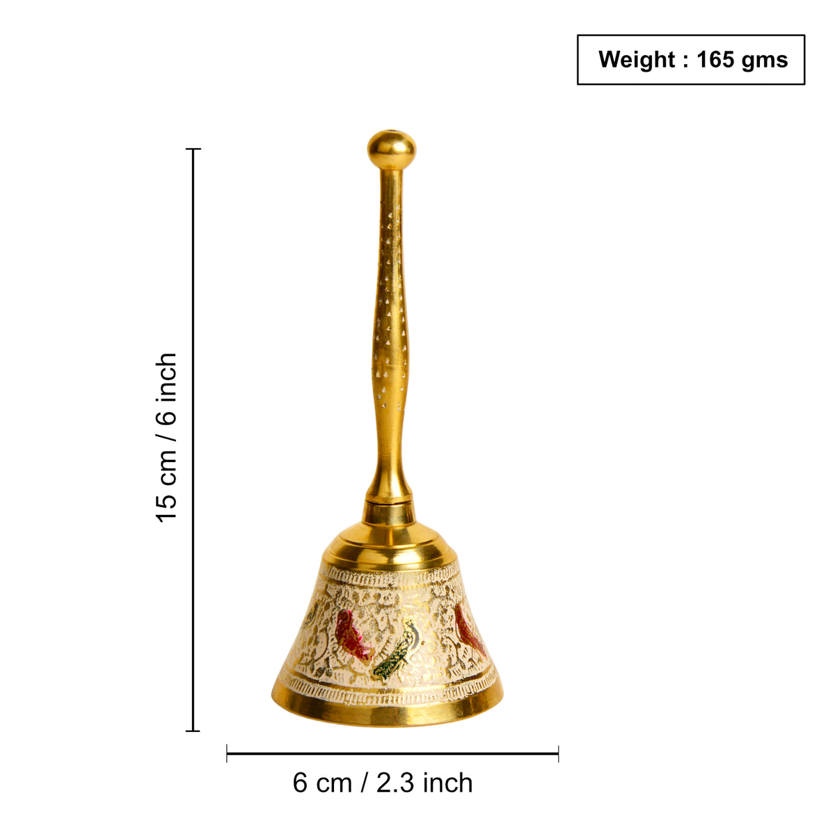 Brass Pooja Minakari Work Bell with Handle (Diameter - 6 cm, Height - 15 cm, 165 gm)