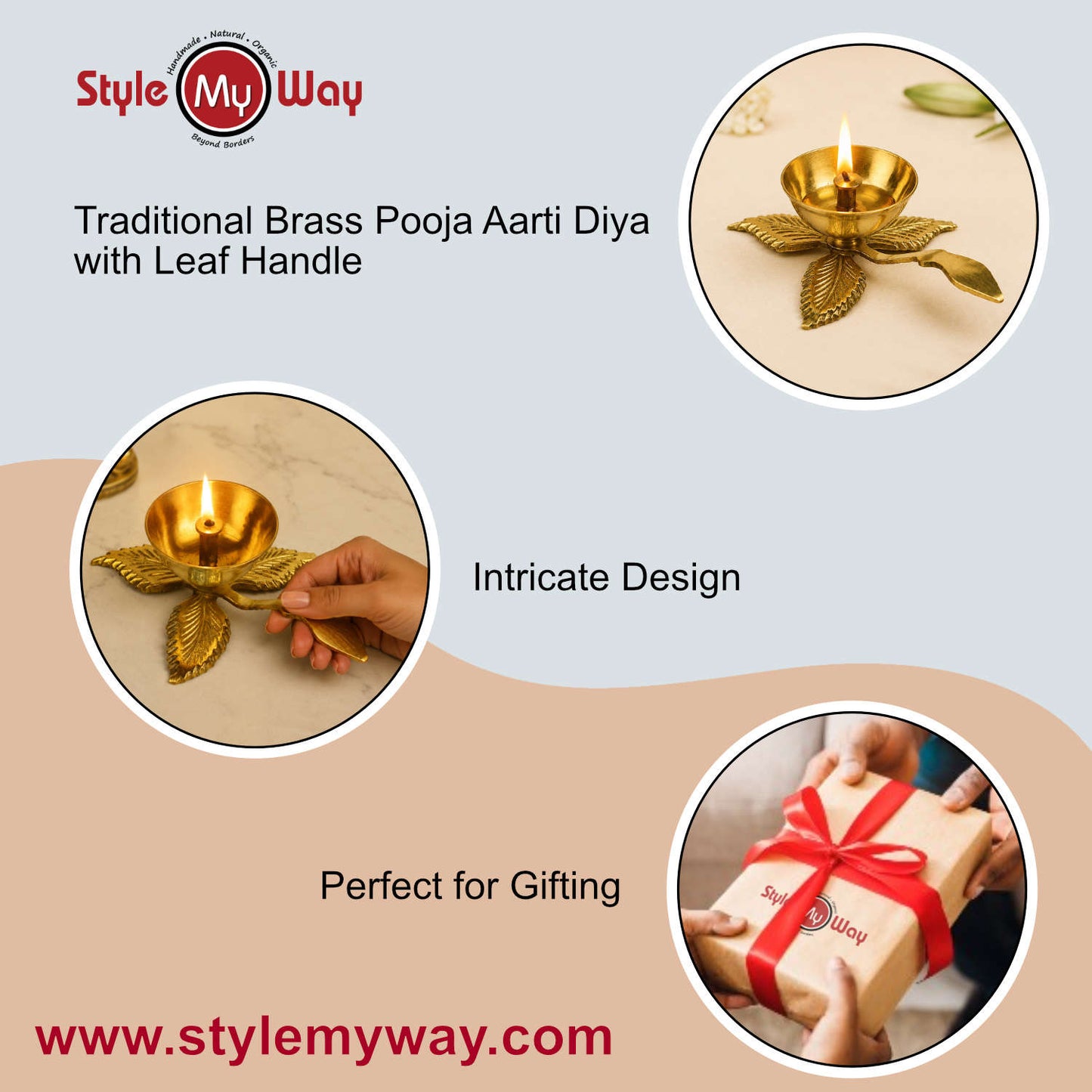 Brass Leaf Design Pooja Aarti Diya with Handle (14 x 10 x 4.5 cm, 110 gm)