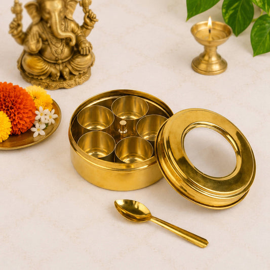 Brass Kumkum Roli Chandan Box with 5 Bowls & Spoon (L x B x H - 9 x 9 x 4 cm ; Weight : 135 gm