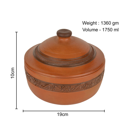 Handcrafted Ornately Designed Earthenware Bowl with Lid ( Brown, 1.80 Litre) - View 2