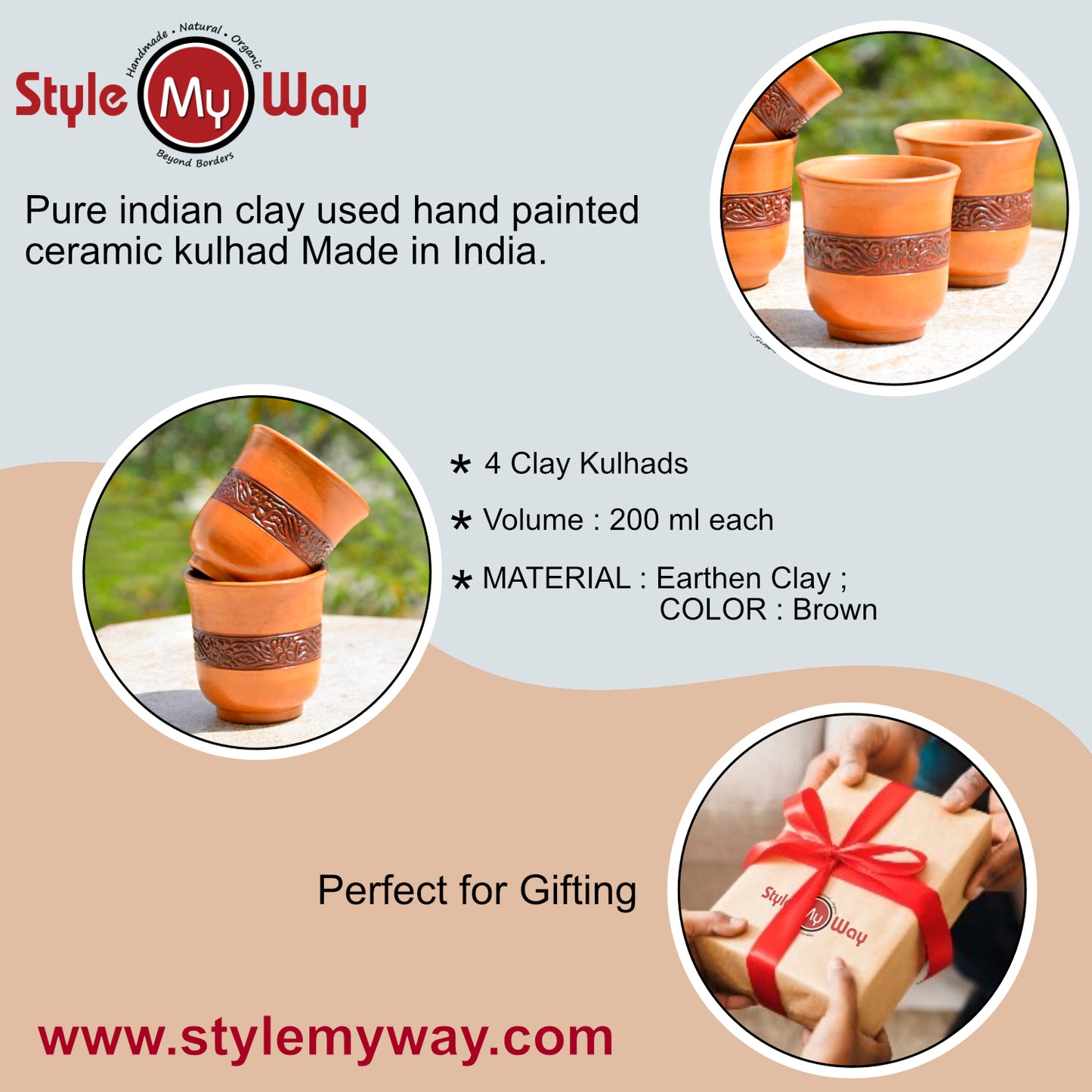 Handcrafted Clay Kullad, Khullad (Set of 4, Brown, 200 ml each) - View 6