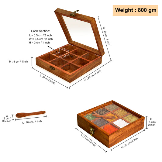 Sheesham Wood Spice Box with Spoon for Kitchen with 9 Partitions, Compartments (8 x 8 x 2 inches, Brown) - View 2