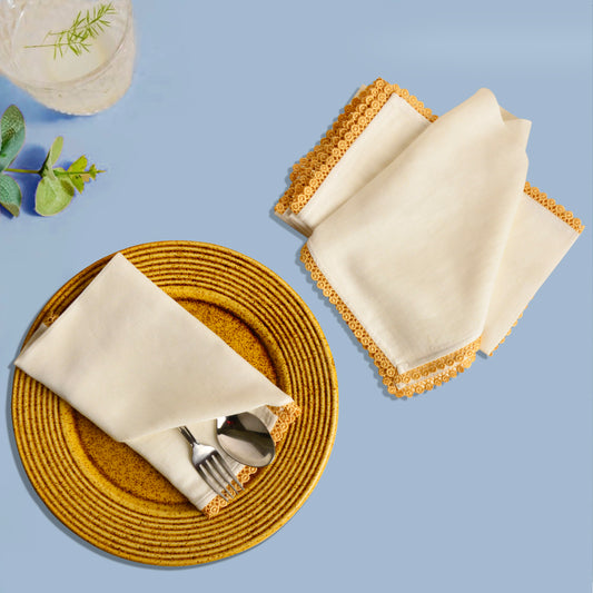 Dining Table Premium Cotton Table Napkin with Crochet Ends (Set of 6 , L x B – 16 x 16 inch , Off White)