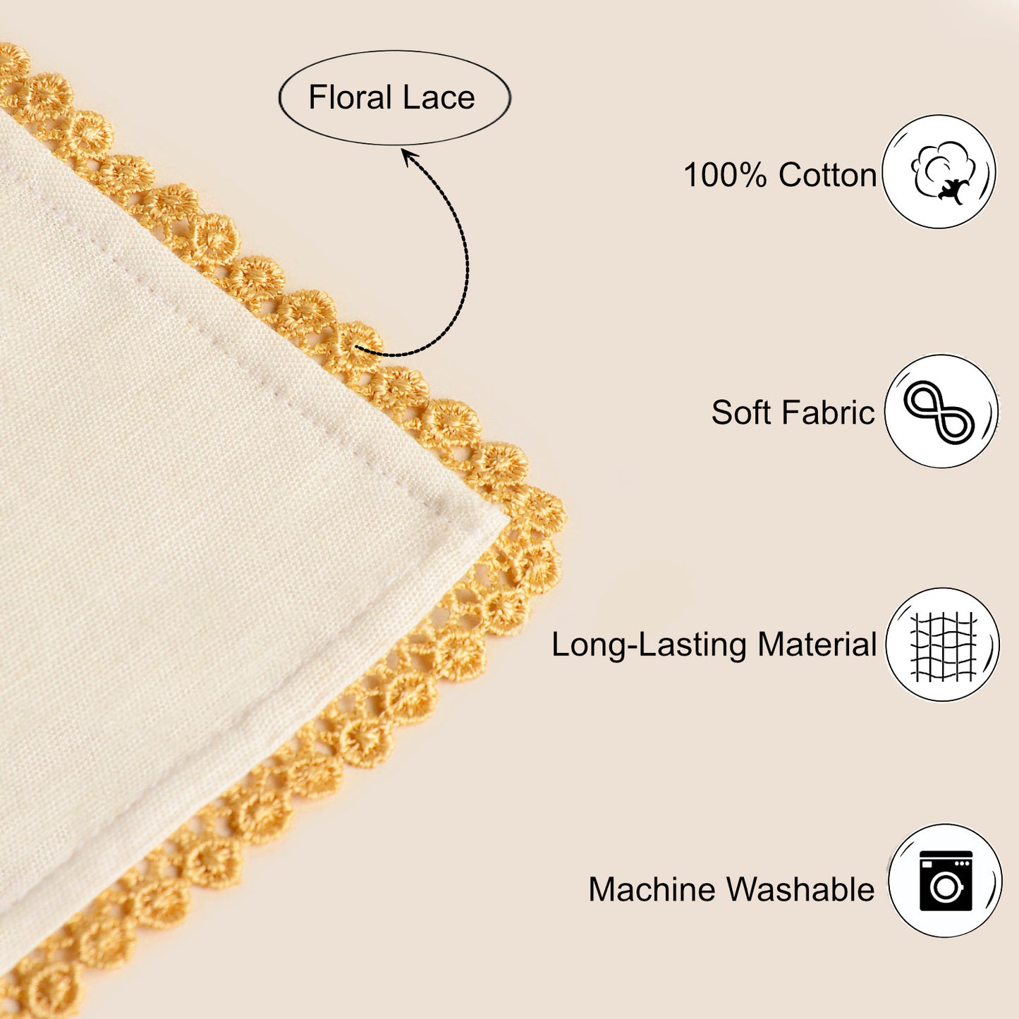 Dining Table Premium Cotton Table Napkin with Crochet Ends (Set of 6 , L x B – 16 x 16 inch , Off White) - View 4