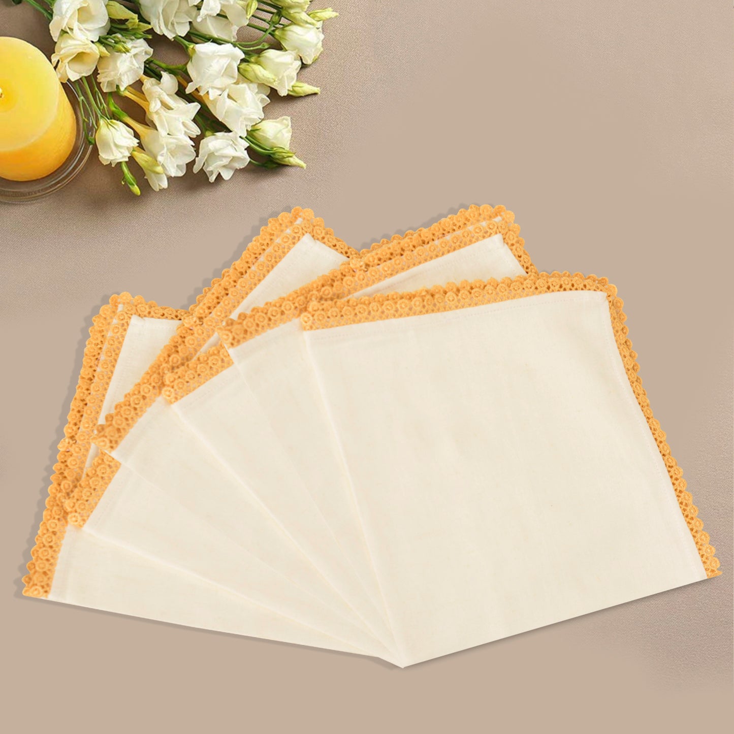 Dining Table Premium Cotton Table Napkin with Crochet Ends (Set of 6 , L x B – 16 x 16 inch , Off White) - View 6