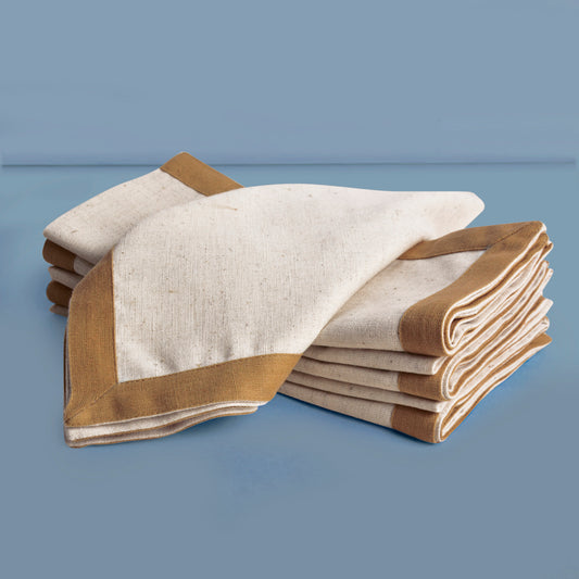 Dining Table Premium Cotton Table Napkin with Beige Border (Set of 6 , L x B – 17 x 17 inch , Off White and Beige)