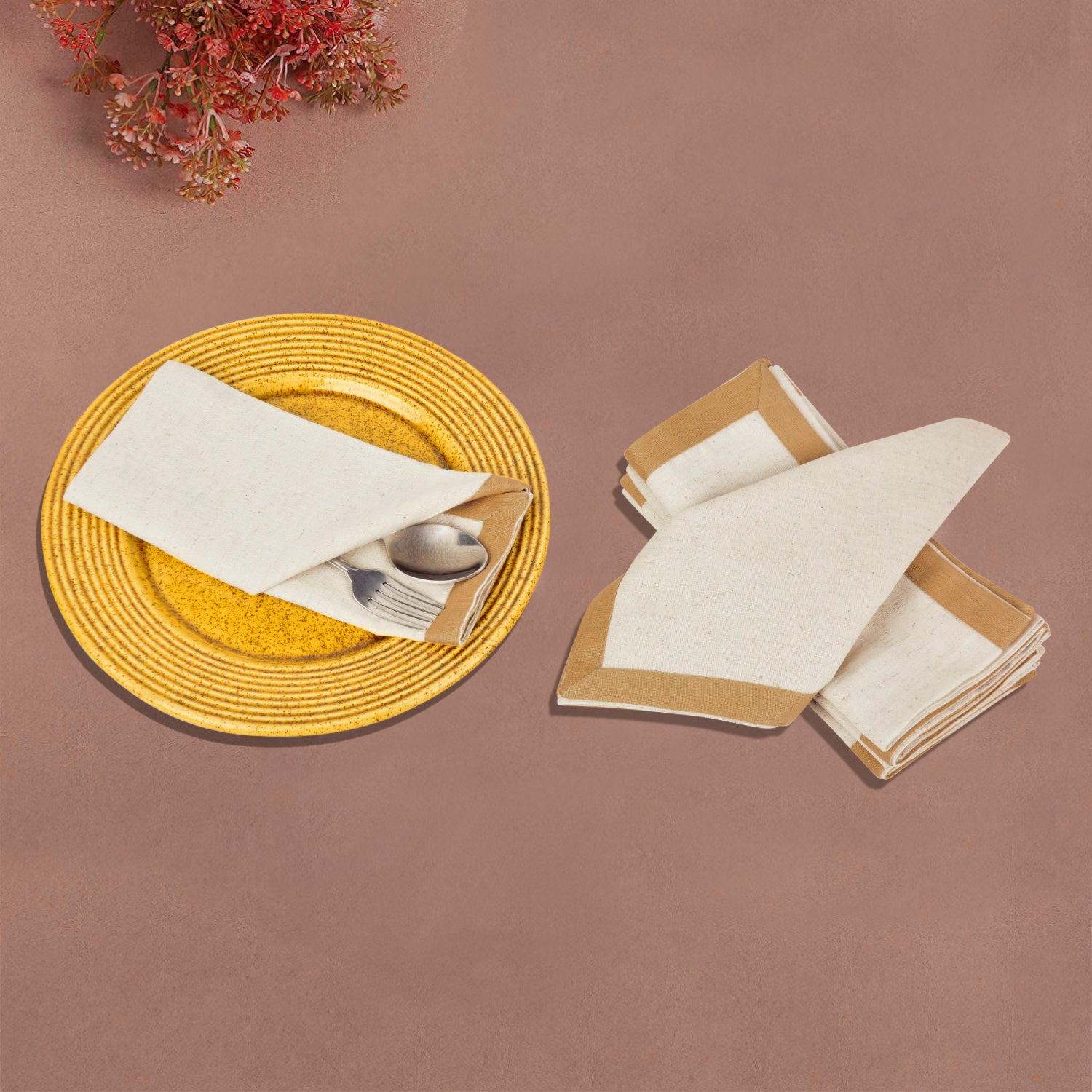 Dining Table Premium Cotton Table Napkin with Beige Border (Set of 6 , L x B – 17 x 17 inch , Off White and Beige) - View 4